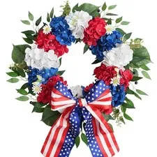 20 Inch Patriotic Floral Wreath, 4th of July Wreath with Red White and Blue
