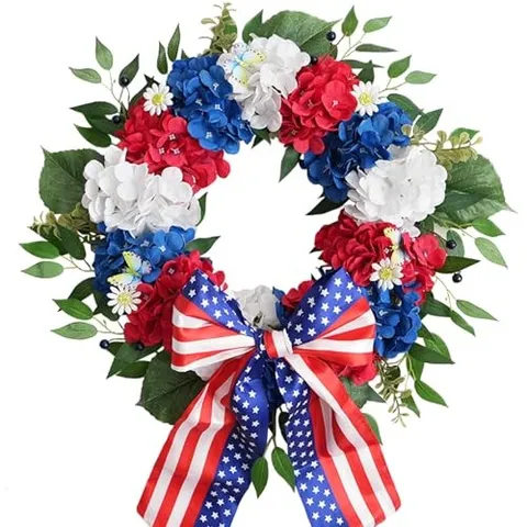 20 Inch Patriotic Floral Wreath, 4th of July Wreath with Red White and Blue