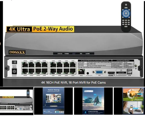 4K 16CH PoE NVR, 16 Port Network Video Recorder for PoE Security