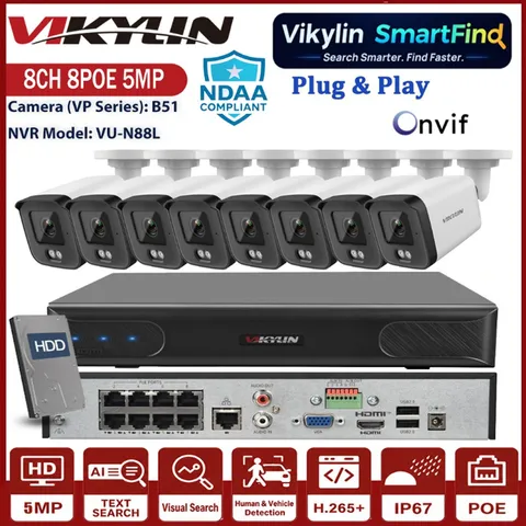 Vikylin SmartFind 8CH 8POE NVR Kits 5MP POE Night Vision IP Camera Systems Lot