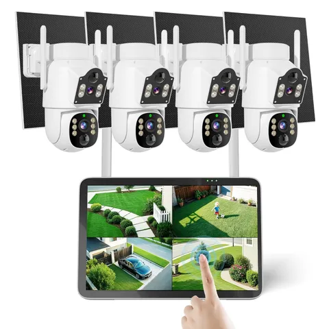 Hiseeu 4MP Solar Security Camera System 4-Cam 10" Touchscreen 500GB HDD