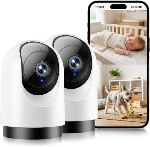 Indoor Security Camera 2Pcs, 2K 360° Wi-Fi Baby Monitor & Pet Camera W/Motion Tr
