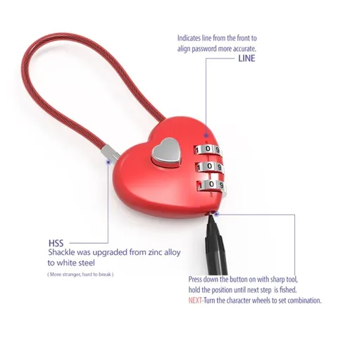 Metal Heart Shaped Padlocks Lock passwords Padlocks Long Wire Rope-Lock for
