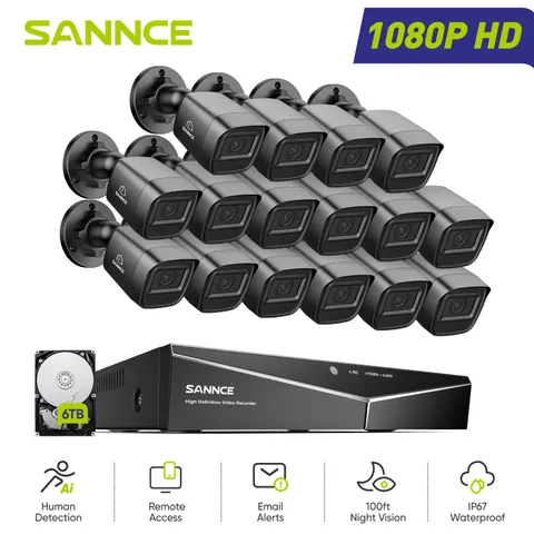 SANNCE 16CH 1080P Lite DVR 2MP Video CCTV Security Camera System Human Detection