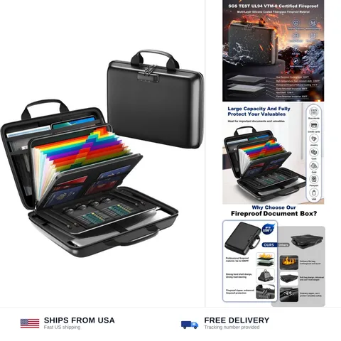 Fireproof Document Box, Hard Case Fireproof File Organizer with Lock and 13 P...