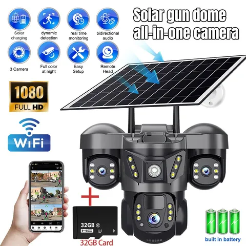 3 Lens Solar Battery Powered Wireless WiFi Home Security Camera Outdoor USA