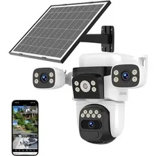 Solar Wireless Triple Lens WiFi PTZ Security Camera, Three Cameras in One, Si...