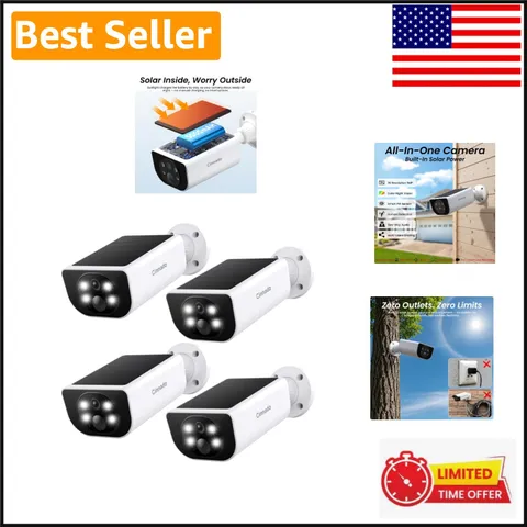 Smart Solar Battery Powered Security Cameras - 4-Pack with 2K Color Night Vision