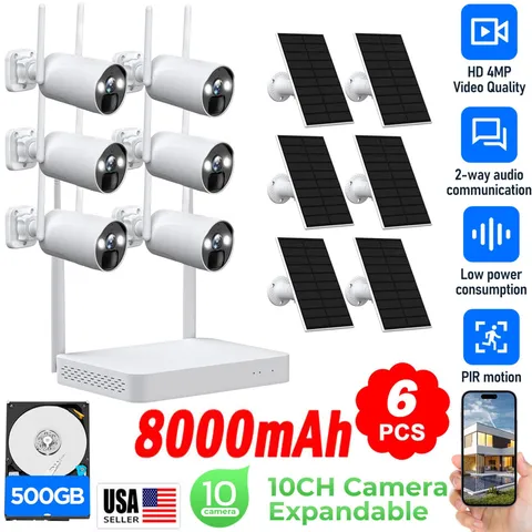 Solar Powered Wireless Security Camera System 6PCS Wire-Free Camera & NVR 500GB