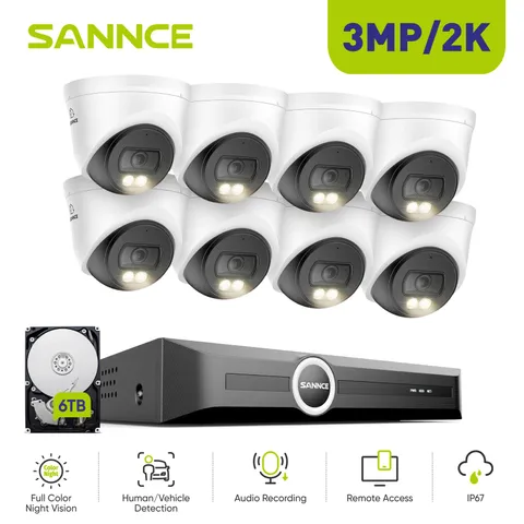 SANNCE 8CH NVR 3MP Audio PoE IP Security Camera System Outdoor Color Night AI