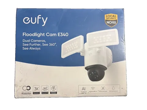 Eufy Floodlight Cam E340 3K Dual Camera 360° Pan Tilt AI Security Camera NEW