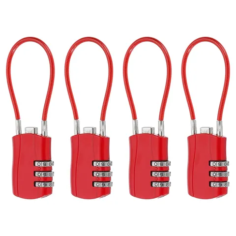 4 Pcs 3 Digit Luggage Cable Combination Lock with 5" Long Cable, Red