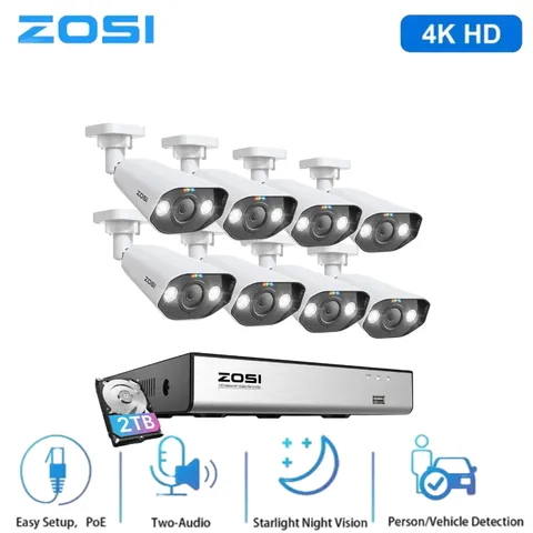 ZOSI 4K 8CH IP PoE Security Camera System Two-Way Audio Color Night Vision 2TB