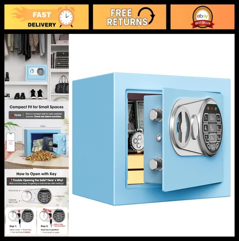 Small Kids Safe Box for Money - Digital Mini Safe with Keys & Code, Home Use, Bl