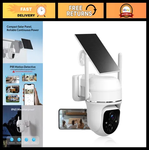 2K Solar Wireless WiFi Outdoor Security Camera, 355° PTZ, Night Vision, Motion D