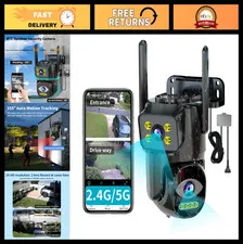 Dual Lens WiFi Security Camera Outdoor, PTZ Auto Tracking, Night Vision, 24/7 Re