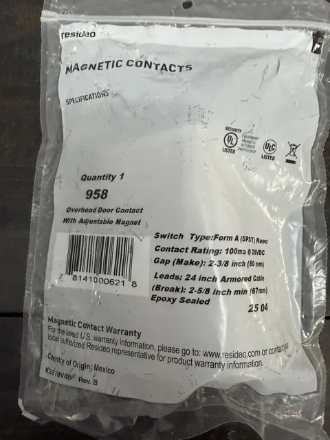 Resideo 958 Overhead Door Contact With Adjustable Magnet New in Pkg.