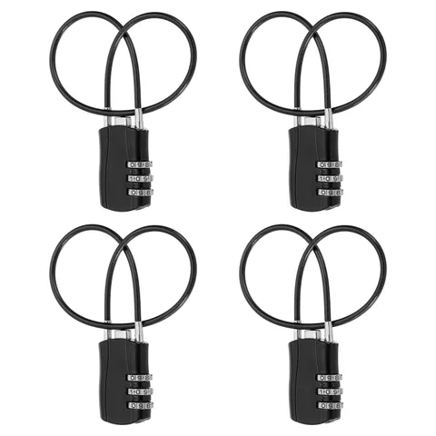 4 Pcs 3 Digit Luggage Cable Combination Lock with 12" Long Cable, Black