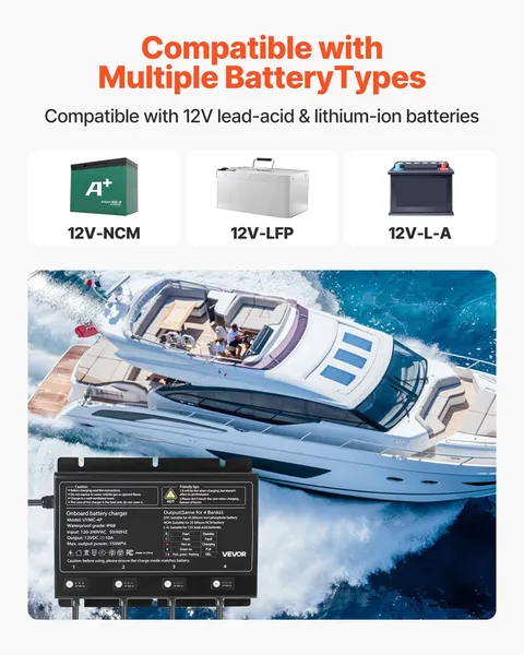 Marine Battery Charger, 4-Bank, 10A 12V Onboard Boat Charger, IP68 Waterproof Sm