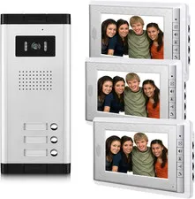 3 Units Apartment Video Intercom System, 7 Inch Monitor Wired Video Doorbell Doo
