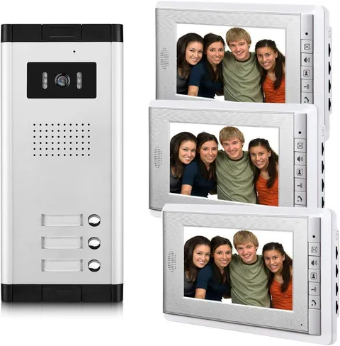 3 Units Apartment Video Intercom System, 7 Inch Monitor Wired Video Doorbell Doo
