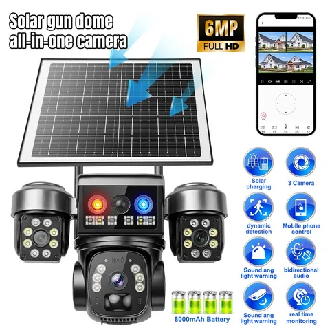 Camara Seguridad Exterior Solar WiFi 6MP 3Lens PTZ Deteccion PIR Vision Nocturna