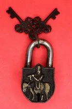 Krishna with Cow Engraved Vintage Antique Style Handmade Brass Padlock with Keys