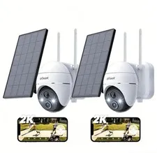 ieGeek 2K Solar Security Camera 2 Pack Outdoor 360° PTZ, Spotlight/Siren, Alexa