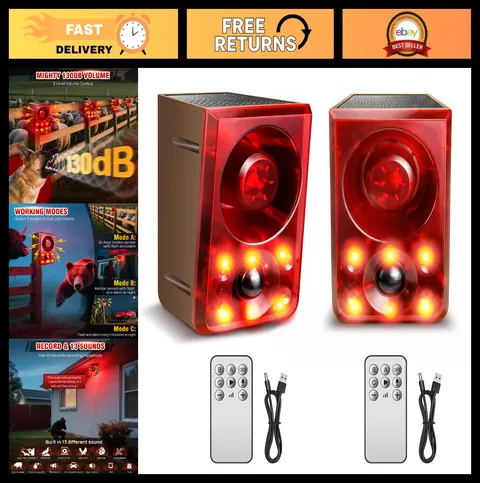 Outdoor Solar Motion Sensor Alarm - 130dB Loud Sounds & Strobe Light, 2 Pack, De