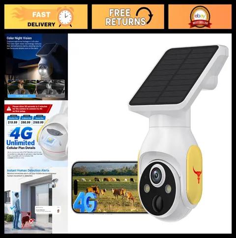 4G LTE Solar-Powered Outdoor Security Camera, 360° View, Color Night Vision, SIM