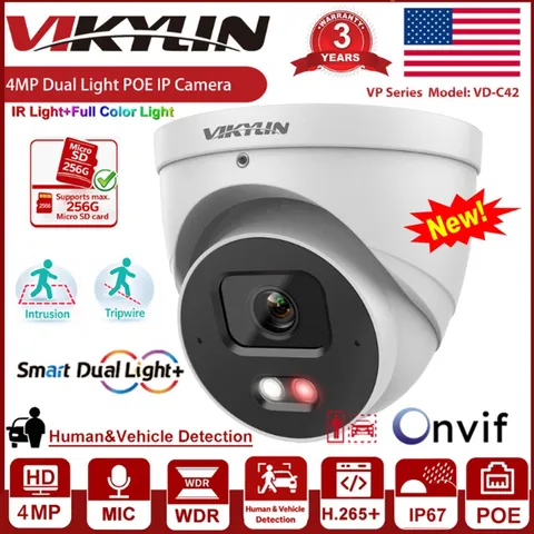Vikylin 4MP POE IP Camera Smart Dual Light Full Color+IR with Audio Onvif Wired