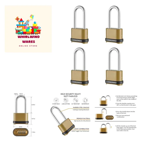 Heavy Duty Combination Lock, 4-Digit Combo Lock with Long Shackle,Weatherproo...