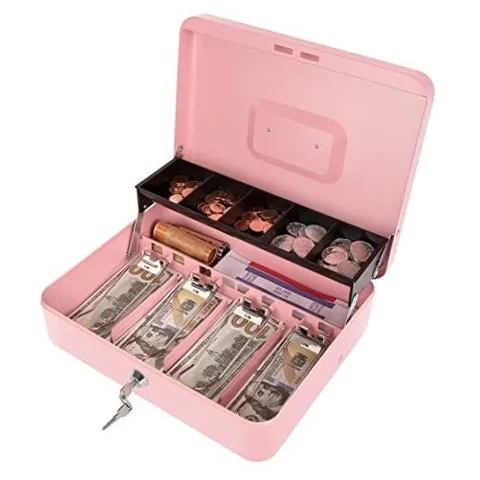 Cash Box with Money Tray and Key Lock, Money Box with Safe Pink key lock