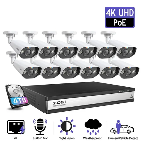 16CH 4K Spotlight Poe Security Camera System, 16Pcs 5MP Poe IP Cameras Outdoor I