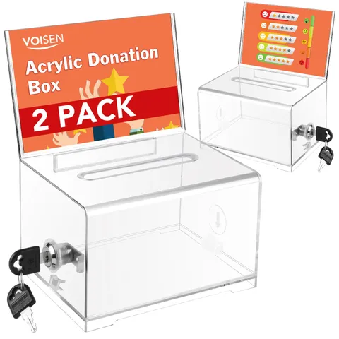 VOISEN Clear Donation Box with Lock,2 Pack Ballot Box with Sign Holder,Suggestio