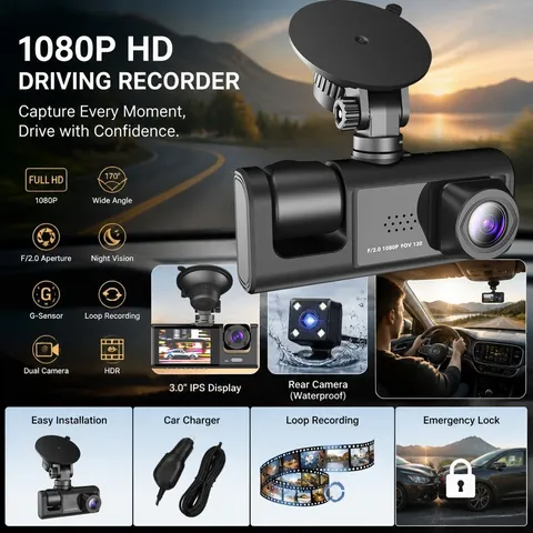 Dash Cam 3 lenses Camara De Seguridad Para Carro Auto Delantero/Trasero/Interior