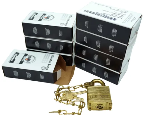 Lot (8) Master Lock DG Commercial Brass Military Padlocks w/Chain - Keyed Alike
