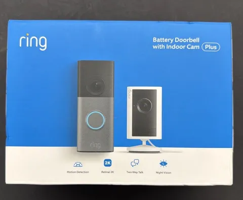 Ring - Battery Doorbell 2K Speckled Gray + Indoor Cam Plus - Night Vision New!!
