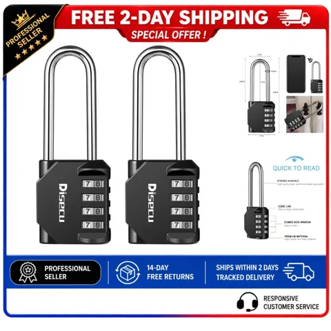 2 Pack 4-Digit Combination Padlocks Long Shackle Waterproof Black disecu