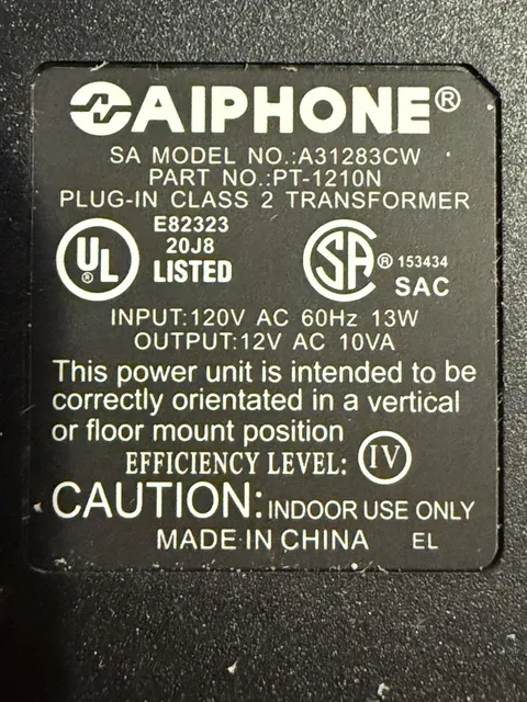 Aiphone A31283CW PT-1210N 12V AC Transformer Intercom Power Supply - New In Box