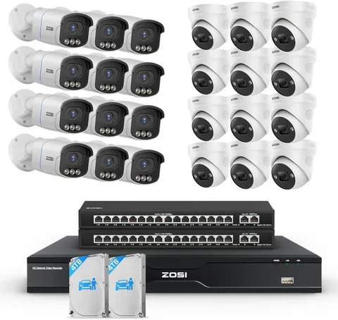 ZOSI 32CH 4K 24 x 8MP PoE Security Camera System Night Vision Detect Audio 8TB