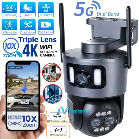 Triple Lens 8MP WiFi Security Camera Outdoor Night Vision 360° Pan/Tilt 10X Zoom