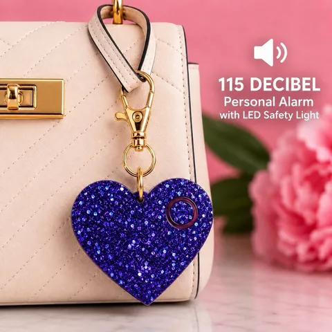 Ahh!-Larm 115dB Personal Safety Alarm Purple Glitter Heart Keychain LED Sparkle