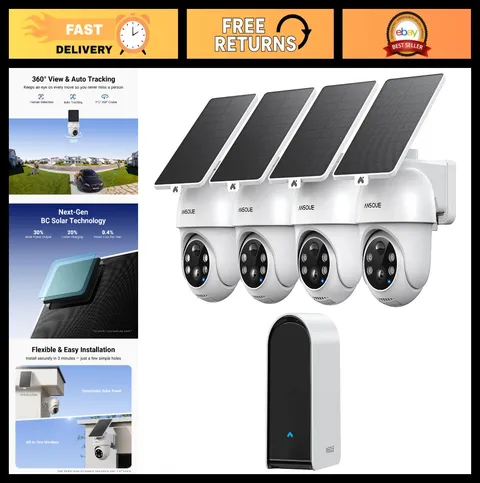 Wireless Outdoor Security Camera System - 4 Camera Kit, Solar Powered, No Fees,