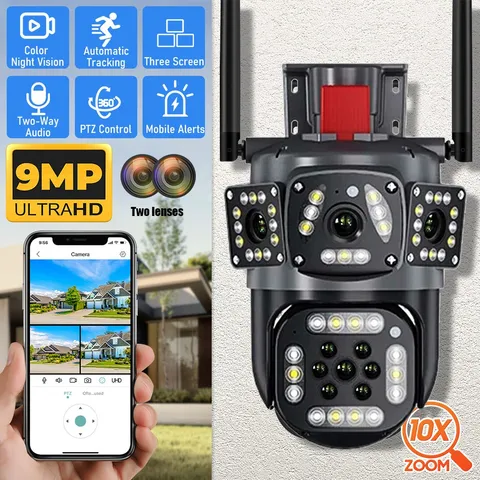Camara Seguridad Exterior WiFi 9MP PTZ 3 Lentes 3 Pantallas Vision Nocturna V380