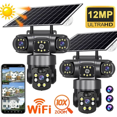 3 Lens 12MP Solar Battery Home Security Camera Outdoor Wifi Wireless PTZ CCTV US