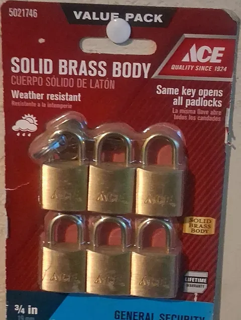 ACE Solid Brass Padlock 6-Pack, Weather Resistant, 5021746, 15/32 in Shackle