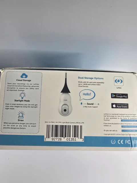 LaView L2-2.4GHz 2K WiFi Light Bulb IP Camera 2-Pack Motion Tracking White