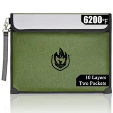 Fireproof Document Bag 6200F 2 Pockets 10 Layers Green Waterproof Money Case