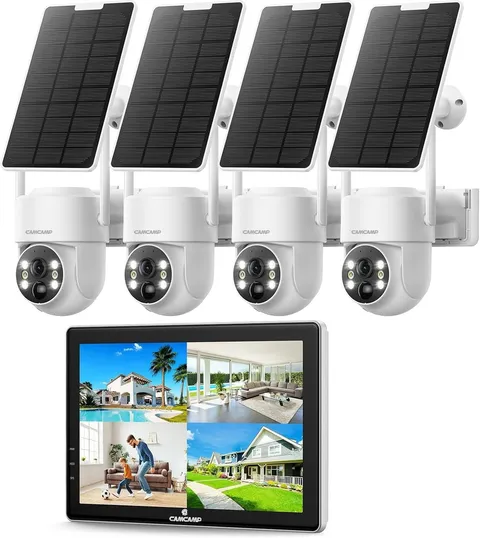 Camcamp Solar Security Cameras Wireless Outdoor with 10" Monitor, 4 Cam Kit